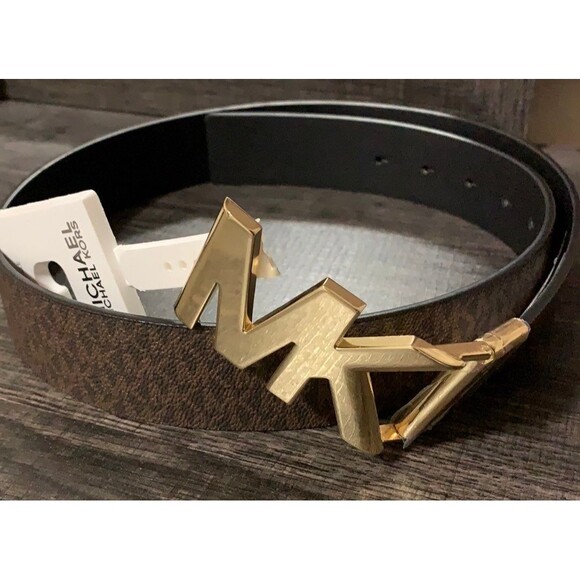 Michael Kors TWIST Reversible Belt GOLD METAL MK LOGO BUCKLE BROWN BLACK MEDIUM - Picture 1 of 6